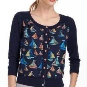 Anthropologie HRW Monogram Cardigan Sailboats grosgrain ribbon Classic Preppy M